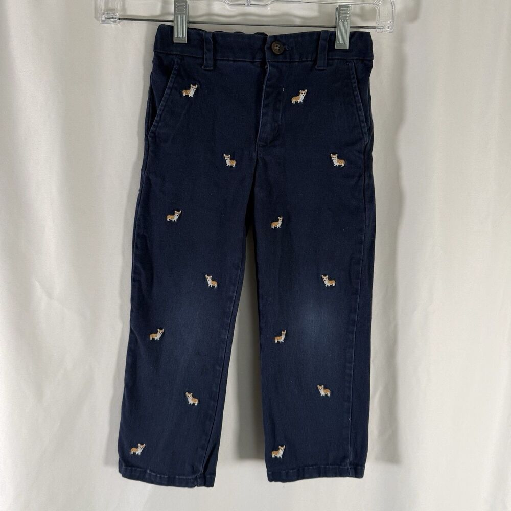Jane Jack Corgi Dog Pants Boys 4 4T Navy Blue Flat Front Adjustable Cotton Blend